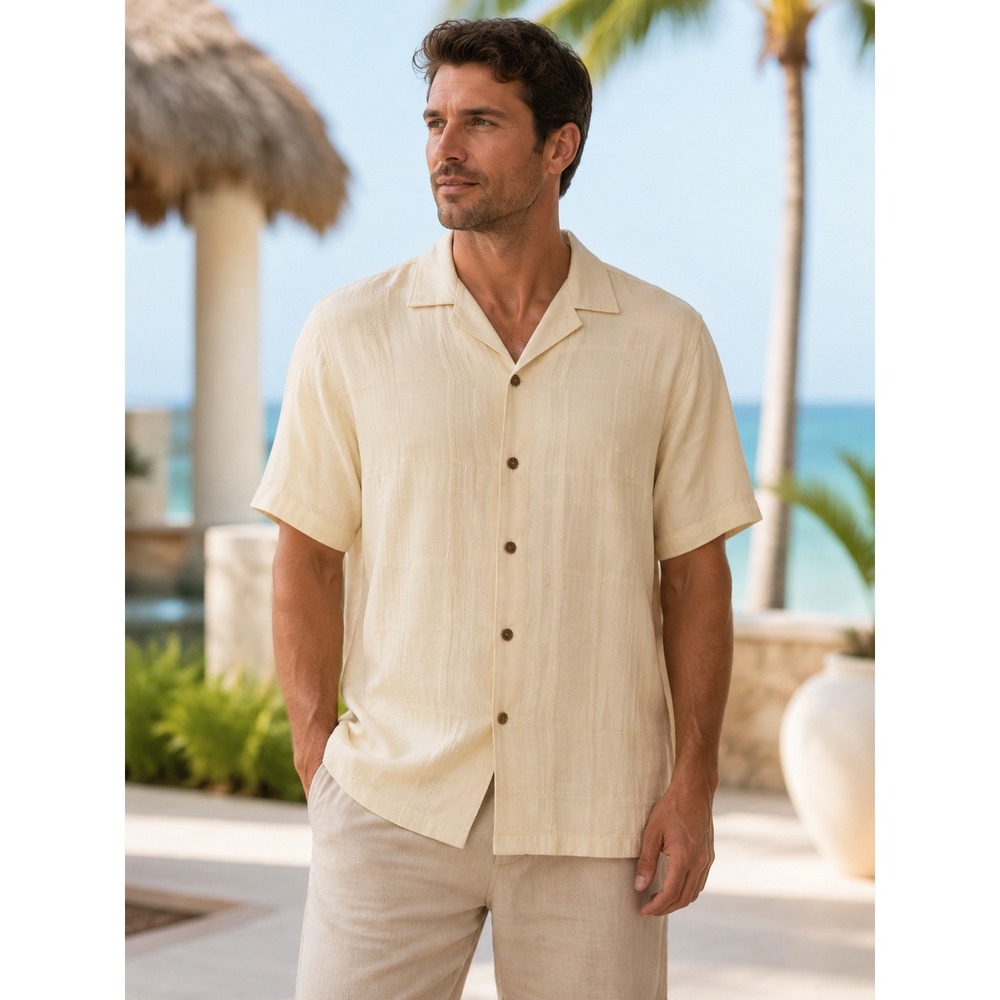 Jamaica Jaxx men's XL Silk Jacquard tonal Plaid Shirt Coconut Button up Resort
